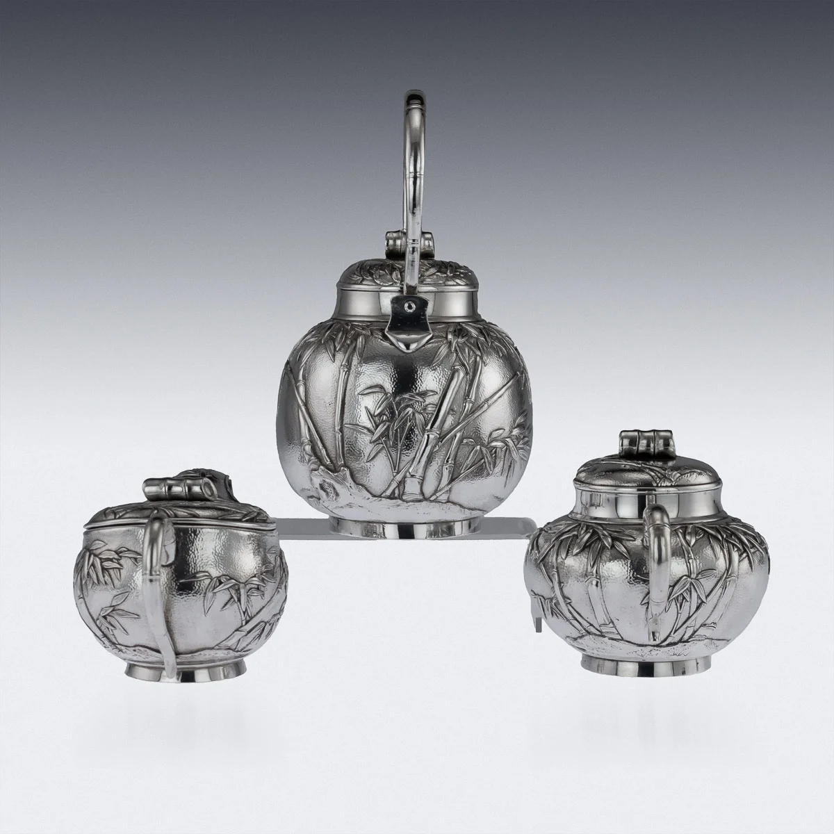 ANTIQUE 20thC JAPANESE MEIJI SOLID SILVER THREE PIECE TEA SET c